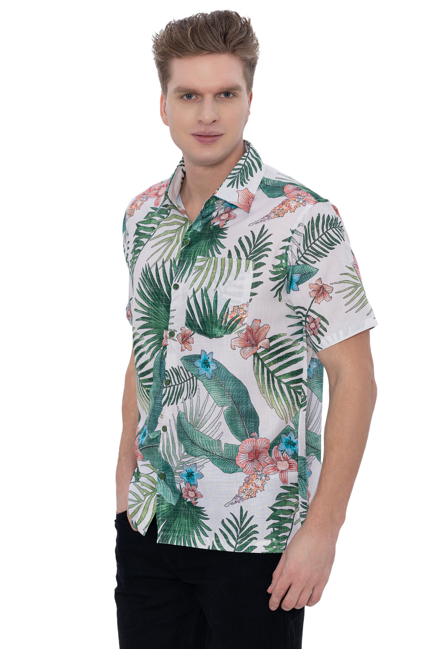 HAPPY BAY Mens Hawaiian Shirts Green Leaves P07218