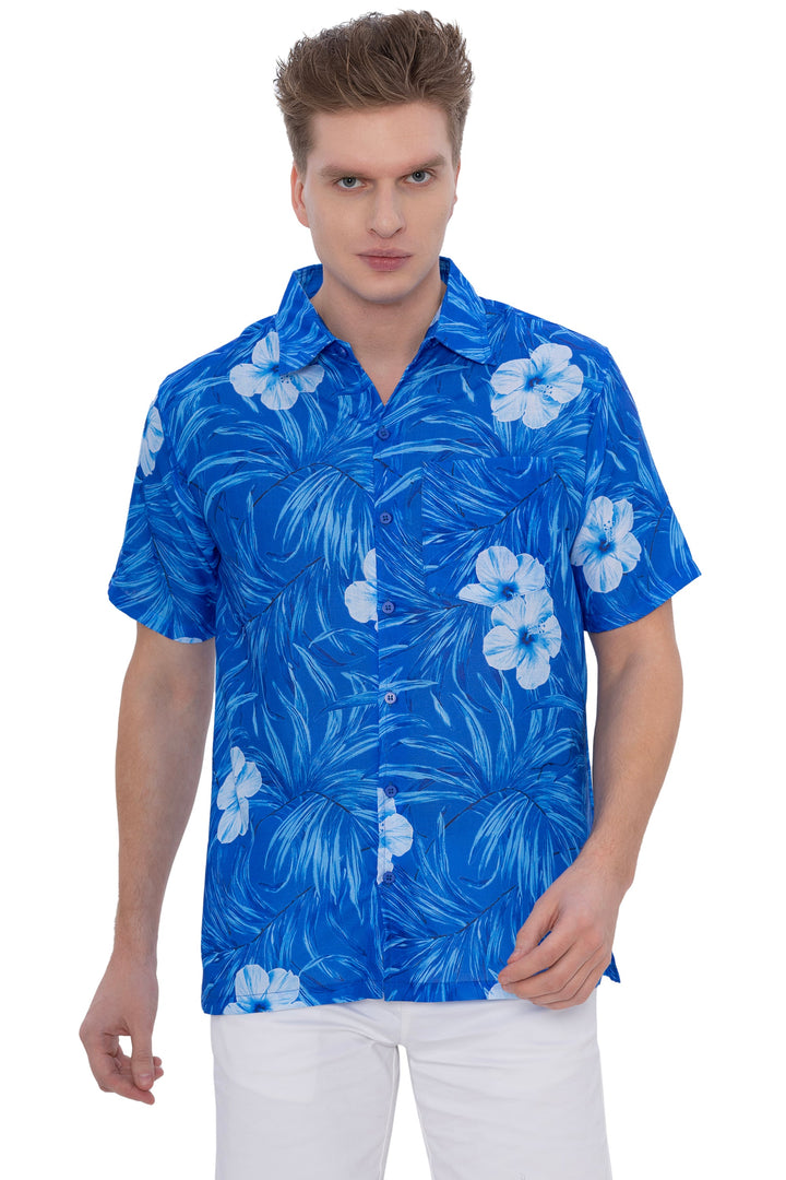 HAPPY BAY Mens Hawaiian Shirts Blue Floral Leafs P07221