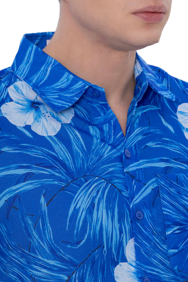 HAPPY BAY Mens Hawaiian Shirts Blue Floral Leafs P07221