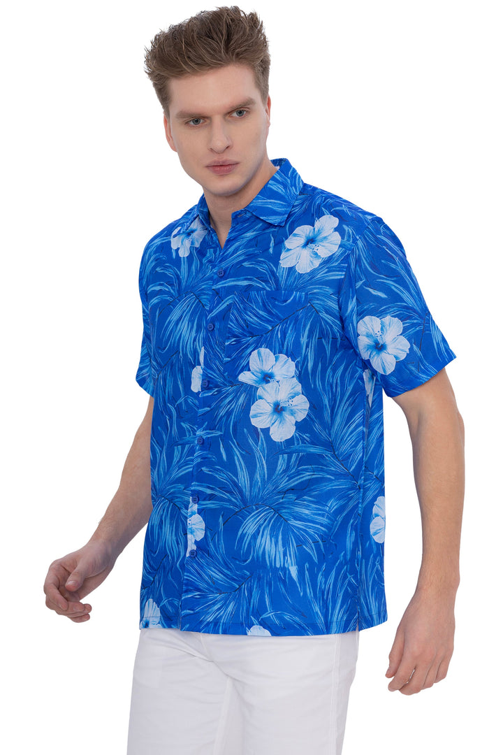 HAPPY BAY Mens Hawaiian Shirts Blue Floral Leafs P07221