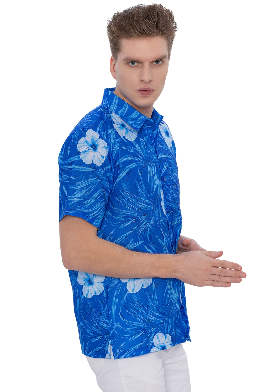 HAPPY BAY Mens Hawaiian Shirts Blue Floral Leafs P07221
