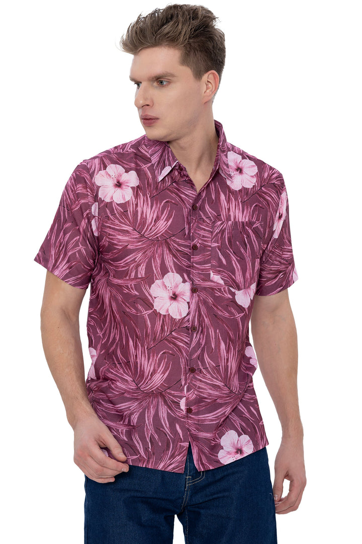 HAPPY BAY Mens Hawaiian Shirts Maroon Floral Leafs P07226