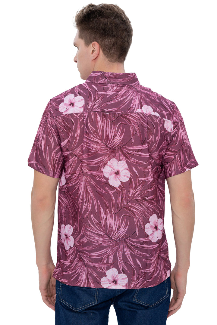HAPPY BAY Mens Hawaiian Shirts Maroon Floral Leafs P07226