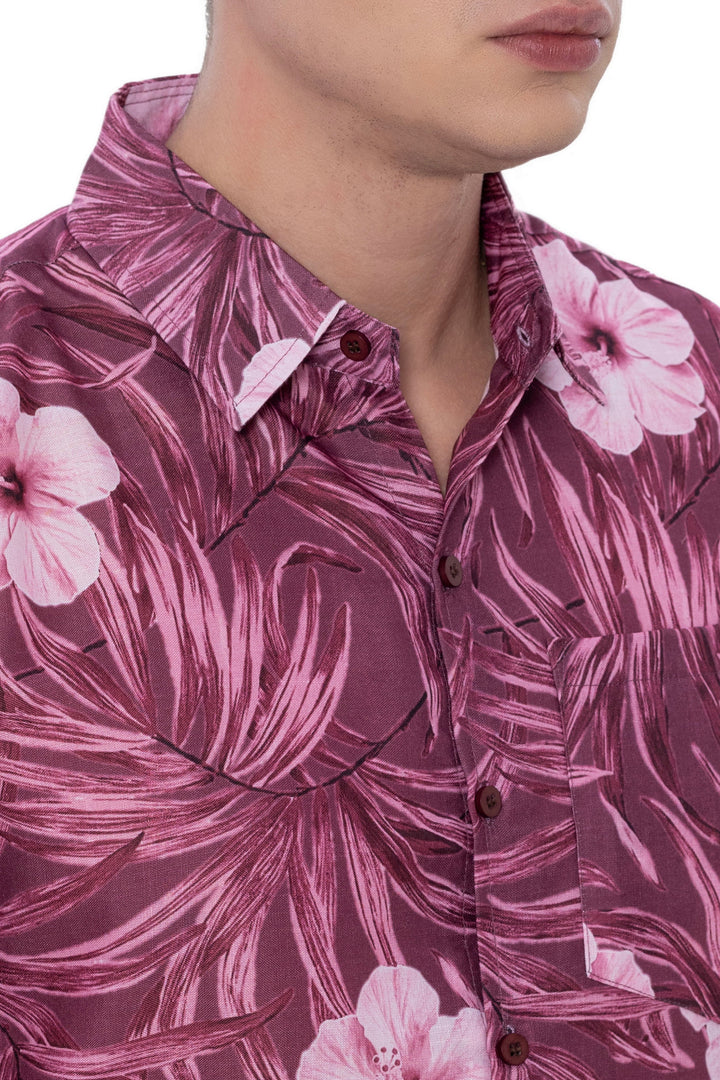 HAPPY BAY Mens Hawaiian Shirts Maroon Floral Leafs P07226