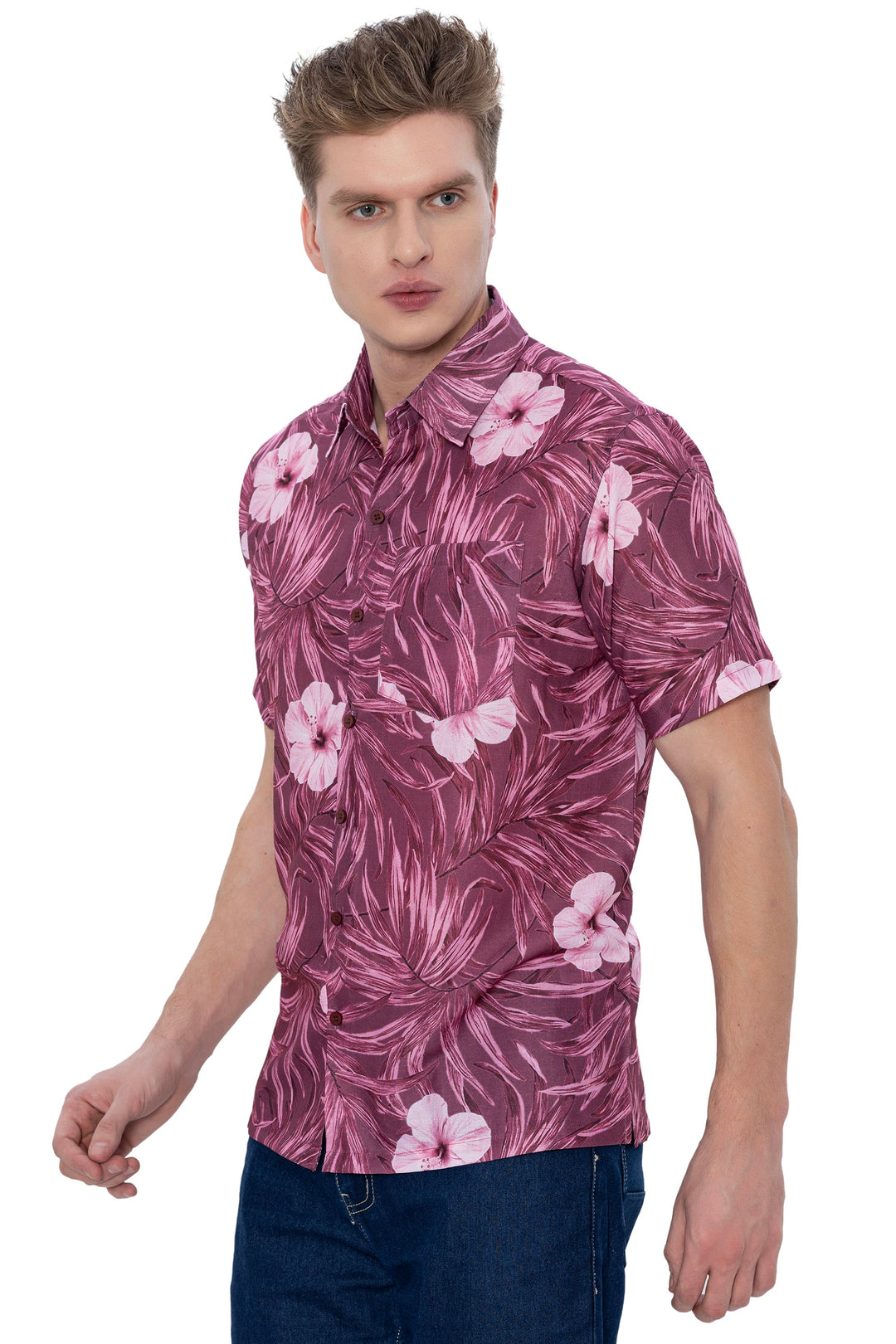 HAPPY BAY Mens Hawaiian Shirts Maroon Floral Leafs P07226