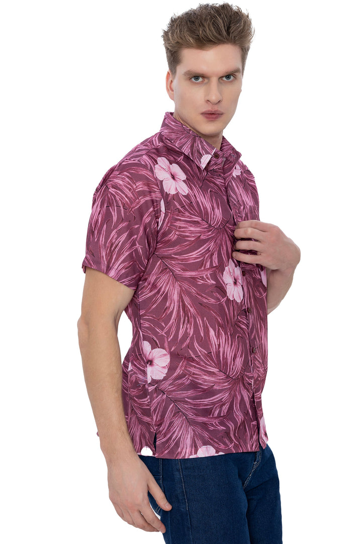 HAPPY BAY Mens Hawaiian Shirts Maroon Floral Leafs P07226
