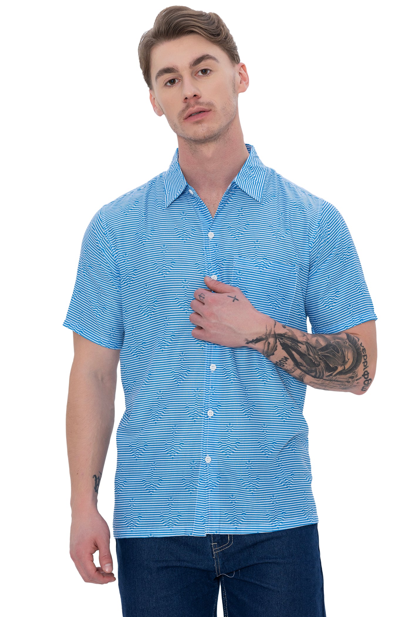 HAPPY BAY Mens Hawaiian Shirts Blue Ocean Wave P07598