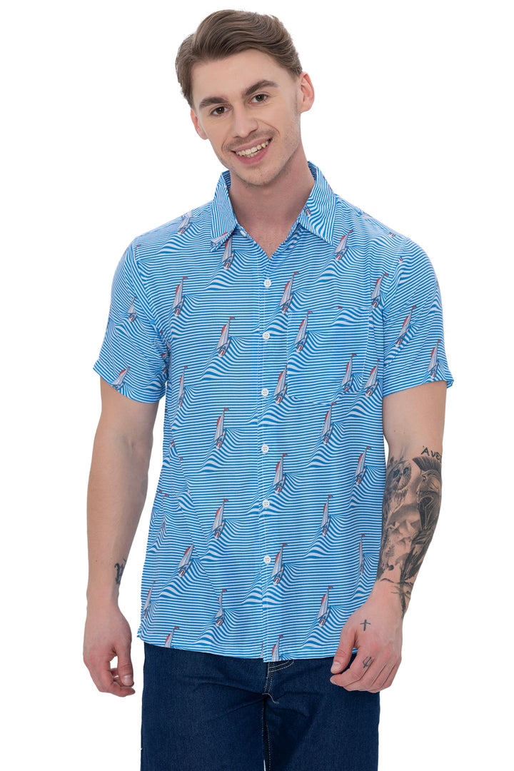 HAPPY BAY Mens Hawaiian Shirts Blue Waves Stripes P07599