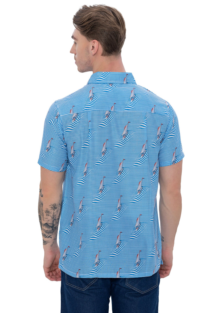 HAPPY BAY Mens Hawaiian Shirts Blue Waves Stripes P07599