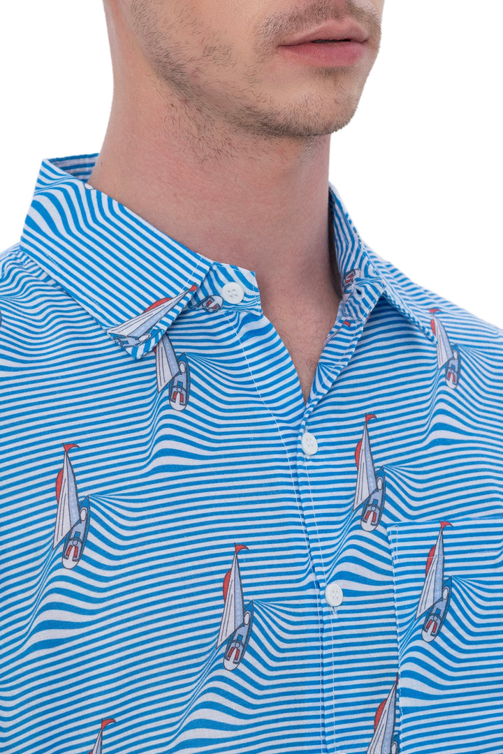 HAPPY BAY Mens Hawaiian Shirts Blue Waves Stripes P07599