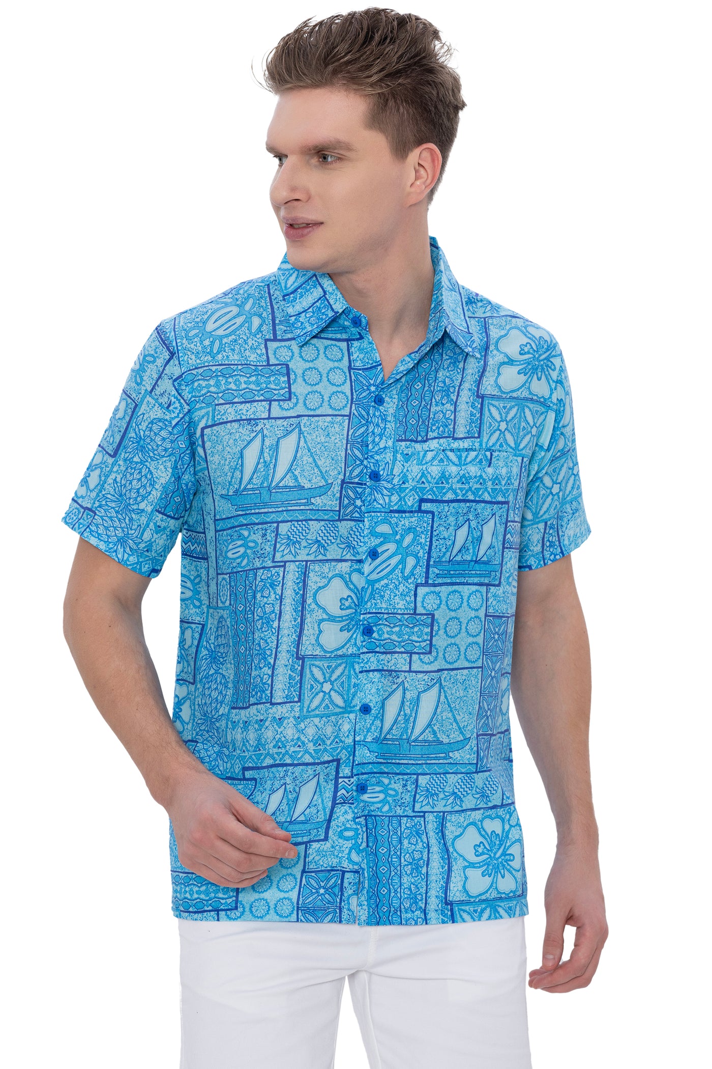 HAPPY BAY Mens Hawaiian Shirts Blue Floral P07600