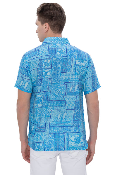 HAPPY BAY Mens Hawaiian Shirts Blue Floral P07600