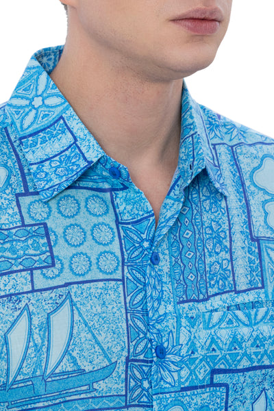 HAPPY BAY Mens Hawaiian Shirts Blue Floral P07600