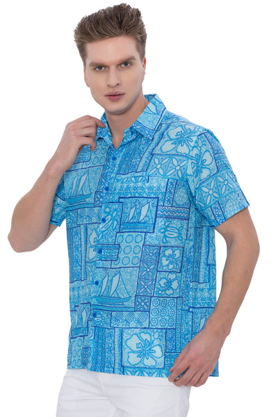 HAPPY BAY Mens Hawaiian Shirts Blue Floral P07600