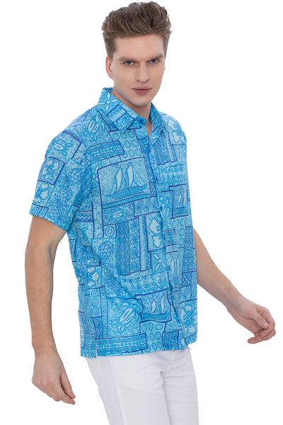 HAPPY BAY Mens Hawaiian Shirts Blue Floral P07600