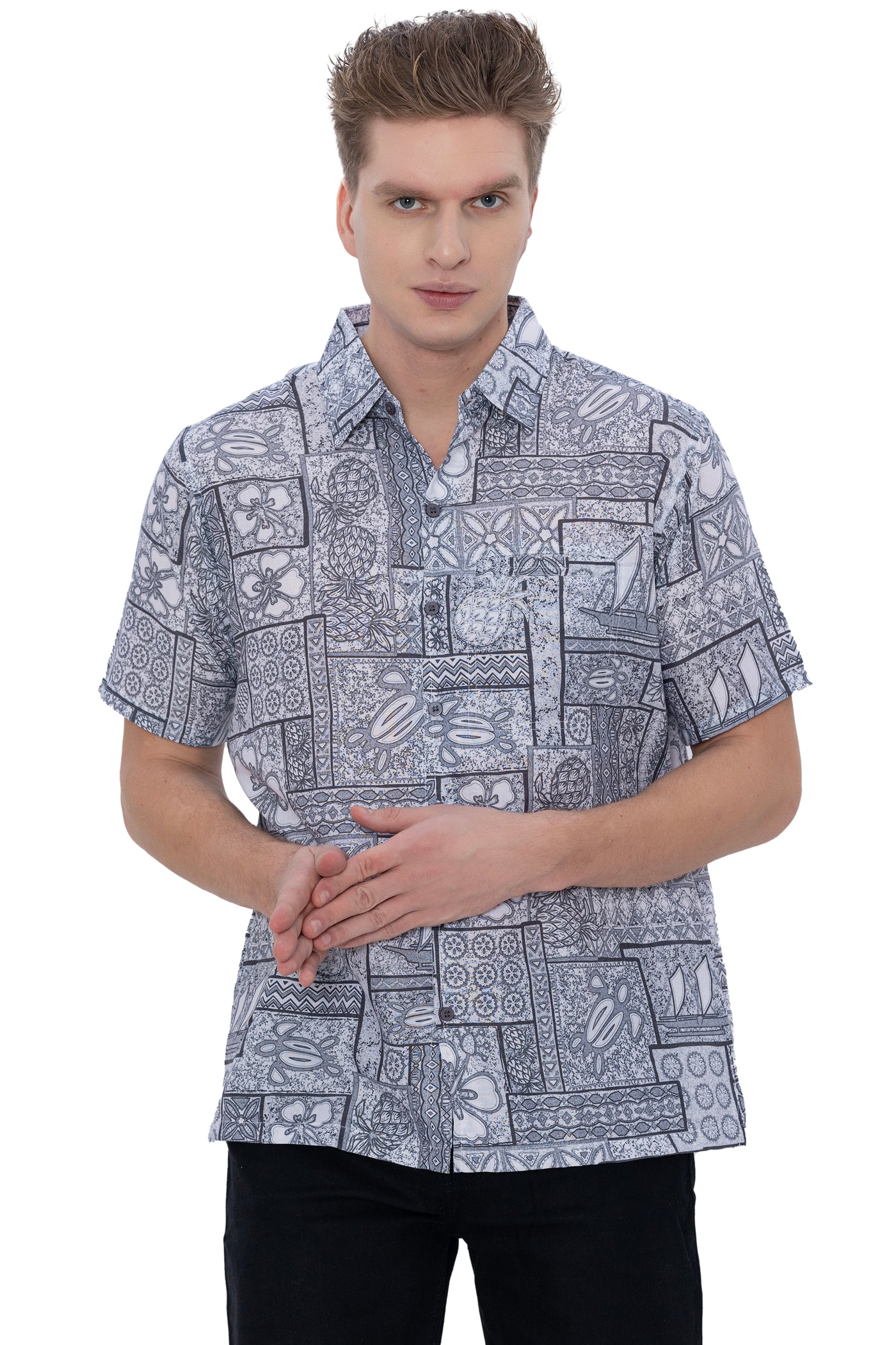 HAPPY BAY Mens Hawaiian Shirts Grey Tropical P07601