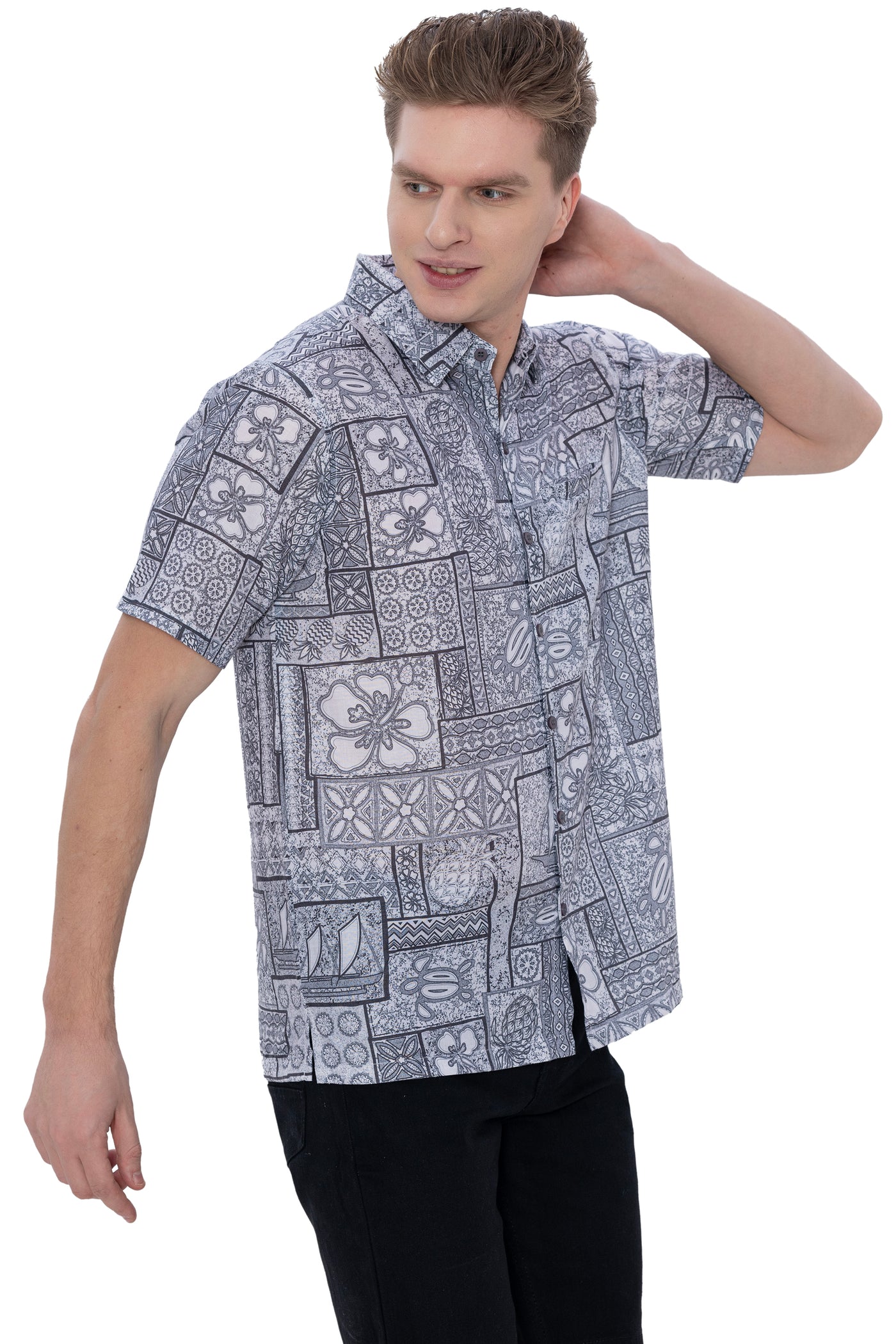 HAPPY BAY Mens Hawaiian Shirts Grey Tropical P07601