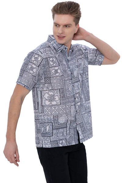 HAPPY BAY Mens Hawaiian Shirts Grey Tropical P07601