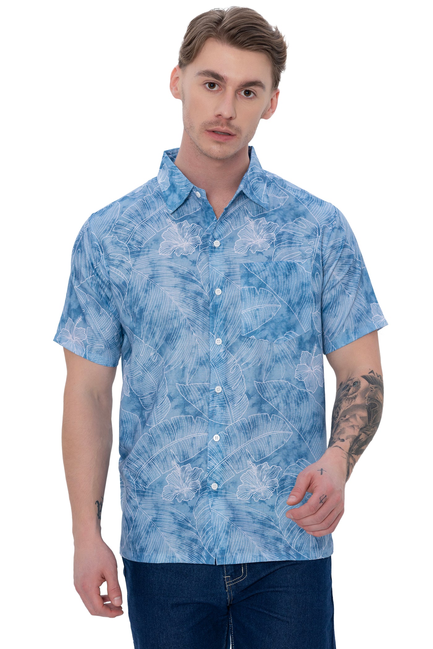 HAPPY BAY Mens Hawaiian Shirts White Hibiscus Leafs P07602