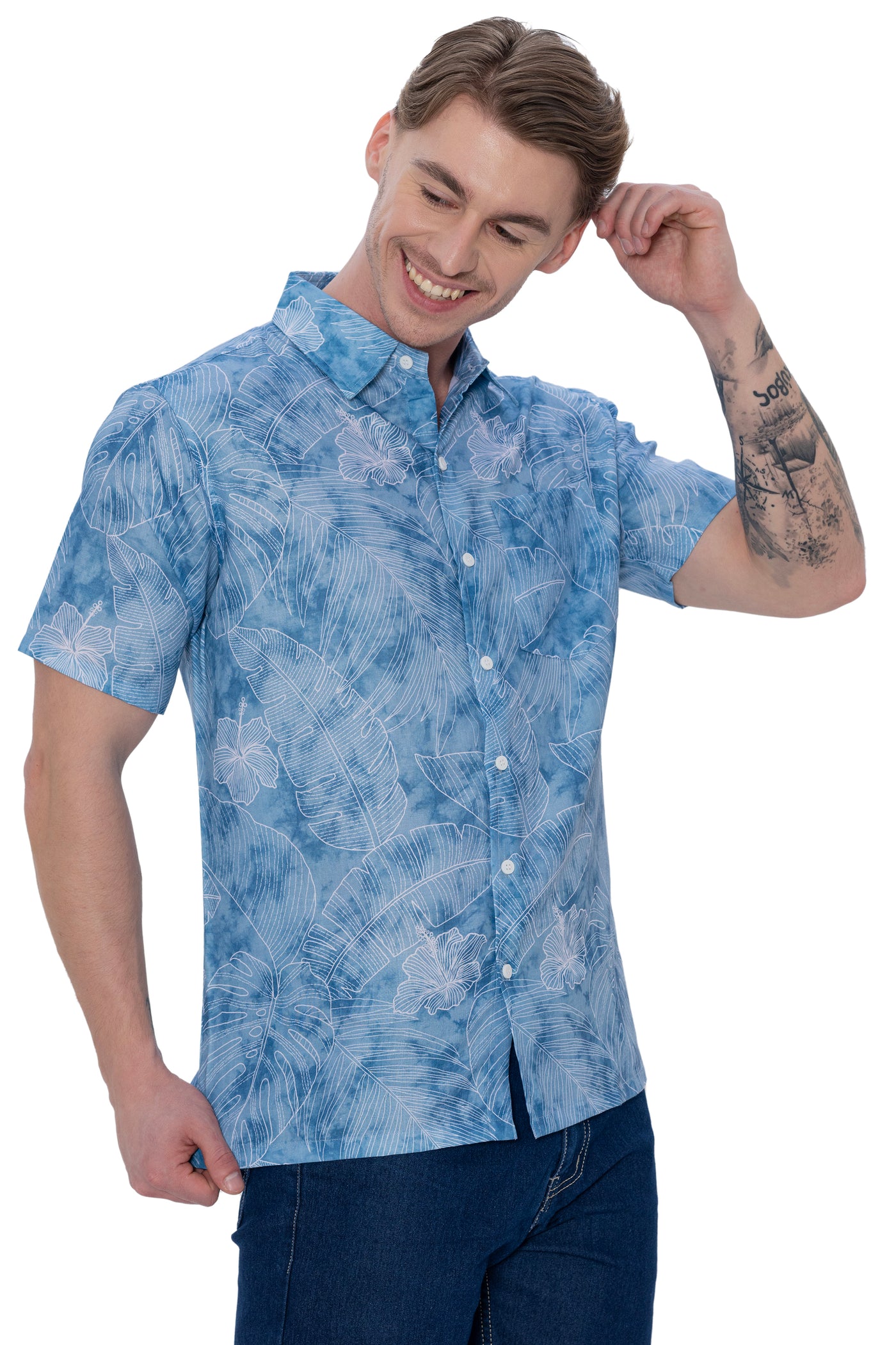 HAPPY BAY Mens Hawaiian Shirts White Hibiscus Leafs P07602