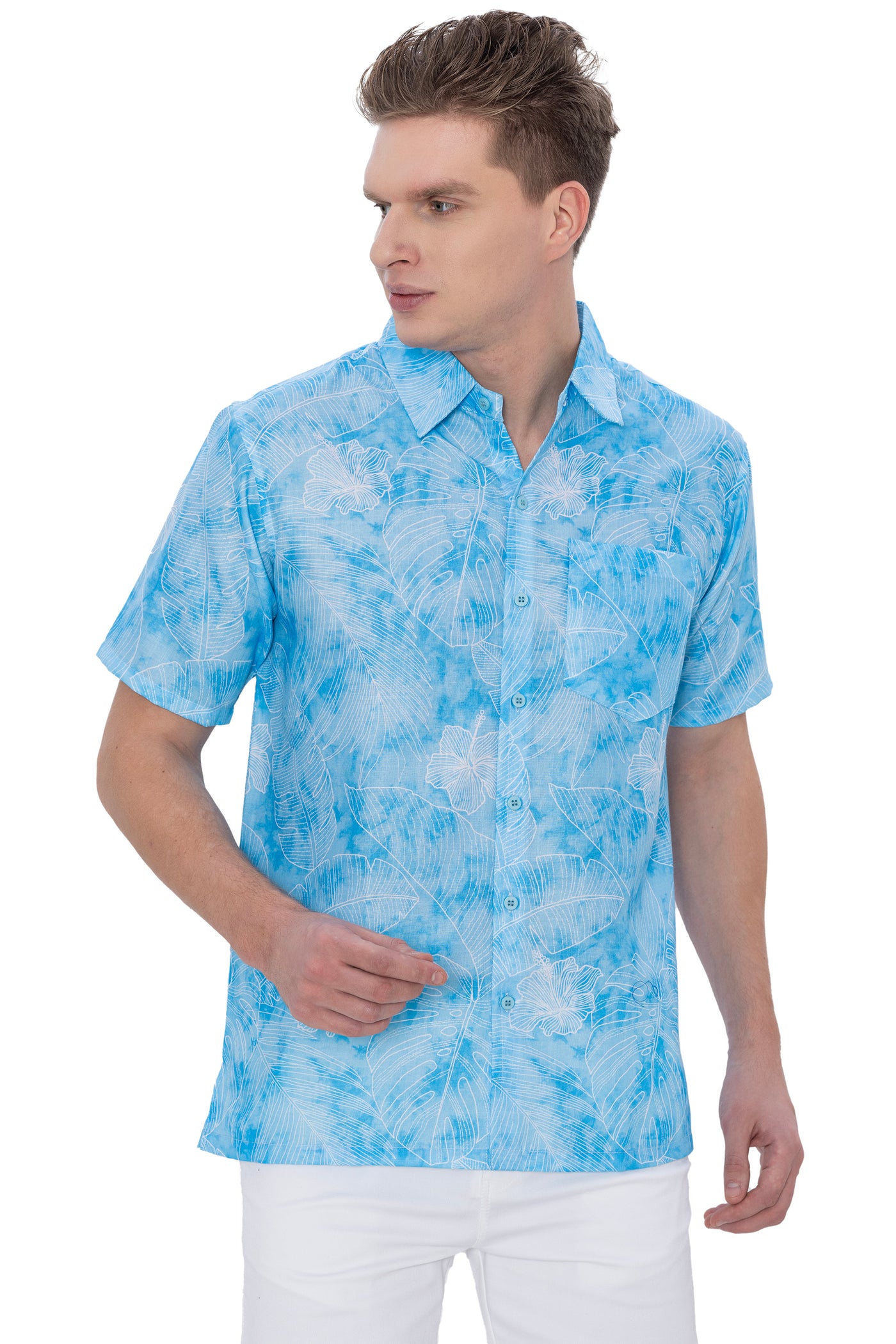 HAPPY BAY Mens Hawaiian Shirts Blue Hibiscus Leafs P07603