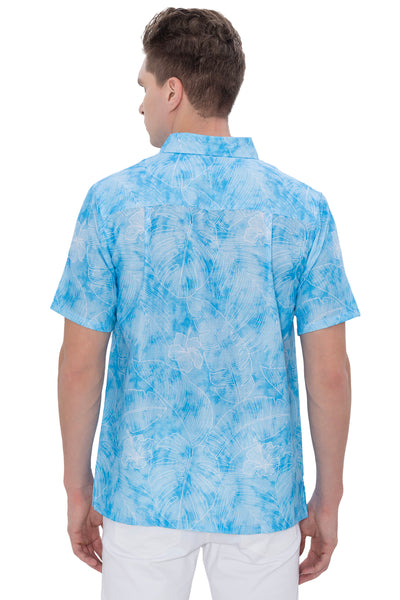 HAPPY BAY Mens Hawaiian Shirts Blue Hibiscus Leafs P07603