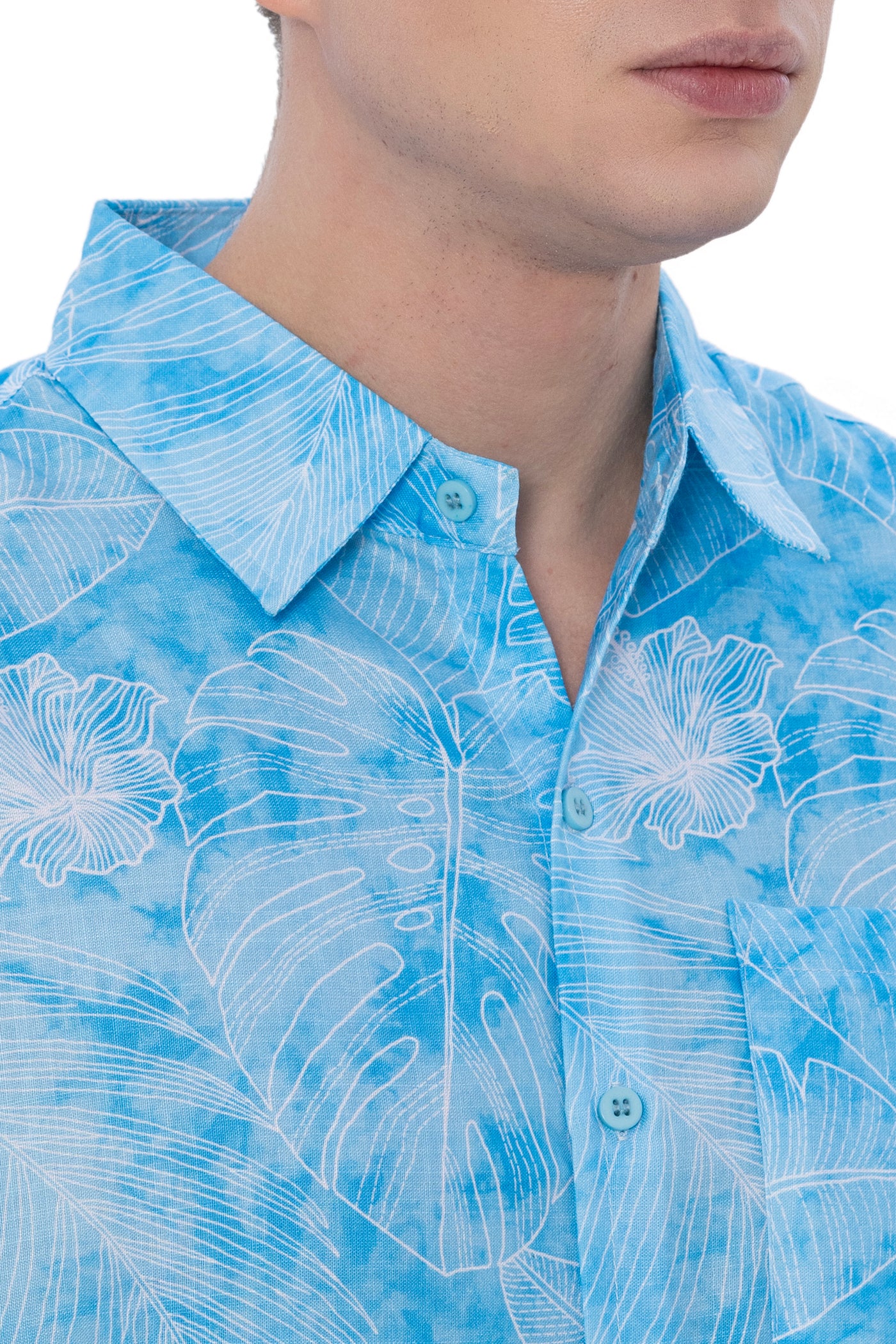 HAPPY BAY Mens Hawaiian Shirts Blue Hibiscus Leafs P07603