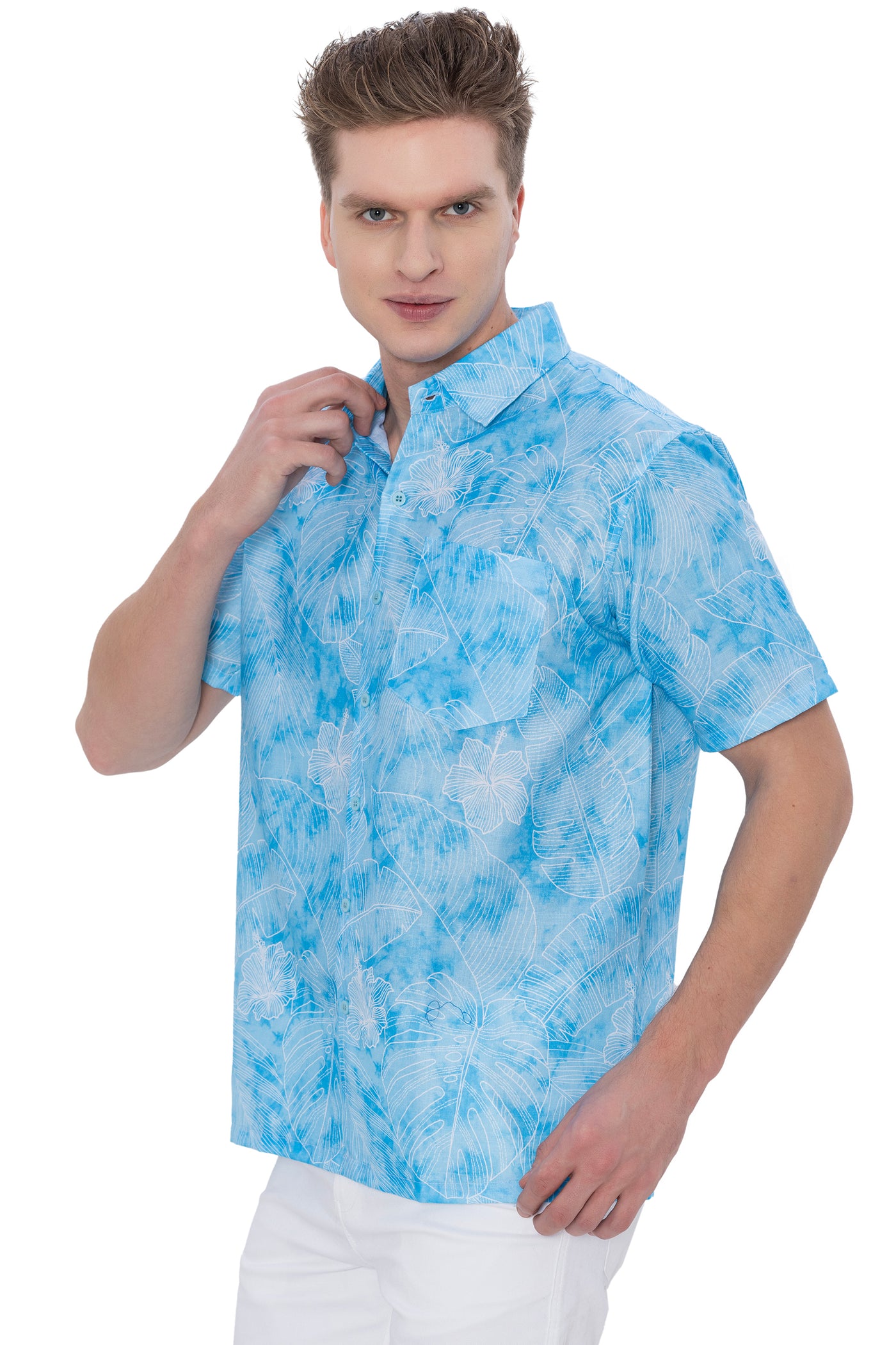 HAPPY BAY Mens Hawaiian Shirts Blue Hibiscus Leafs P07603
