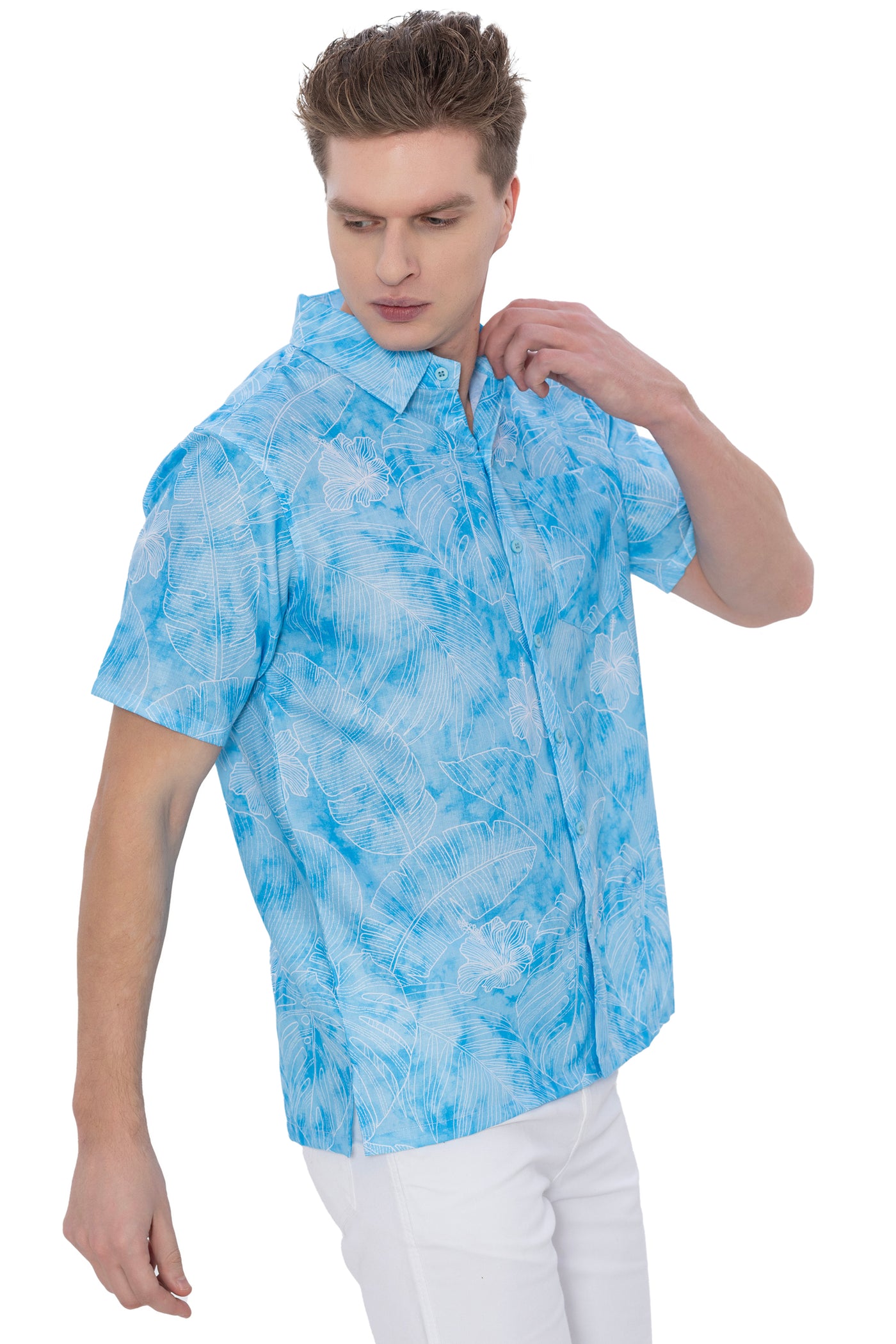 HAPPY BAY Mens Hawaiian Shirts Blue Hibiscus Leafs P07603