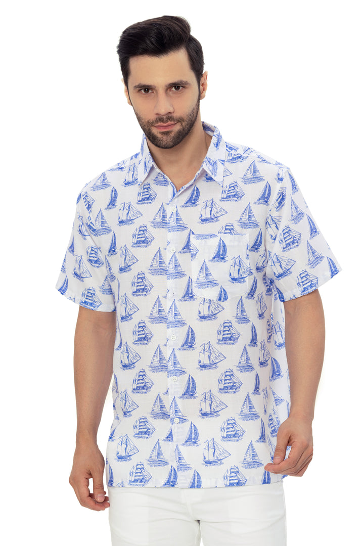HAPPY BAY Mens Hawaiian Shirts White Boat P07606