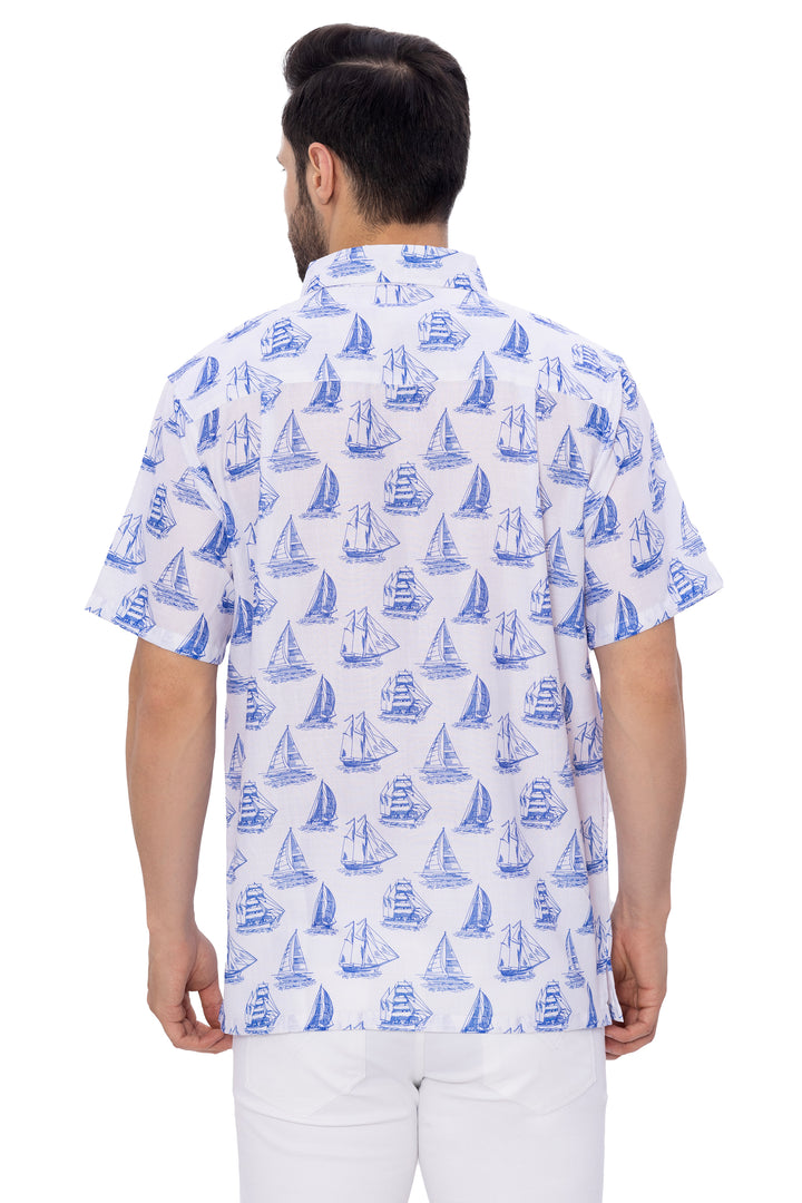 HAPPY BAY Mens Hawaiian Shirts White Boat P07606