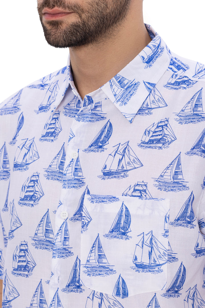 HAPPY BAY Mens Hawaiian Shirts White Boat P07606