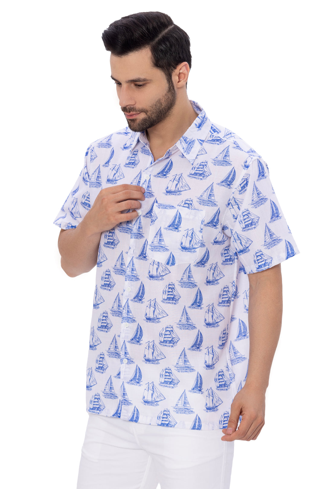 HAPPY BAY Mens Hawaiian Shirts White Boat P07606