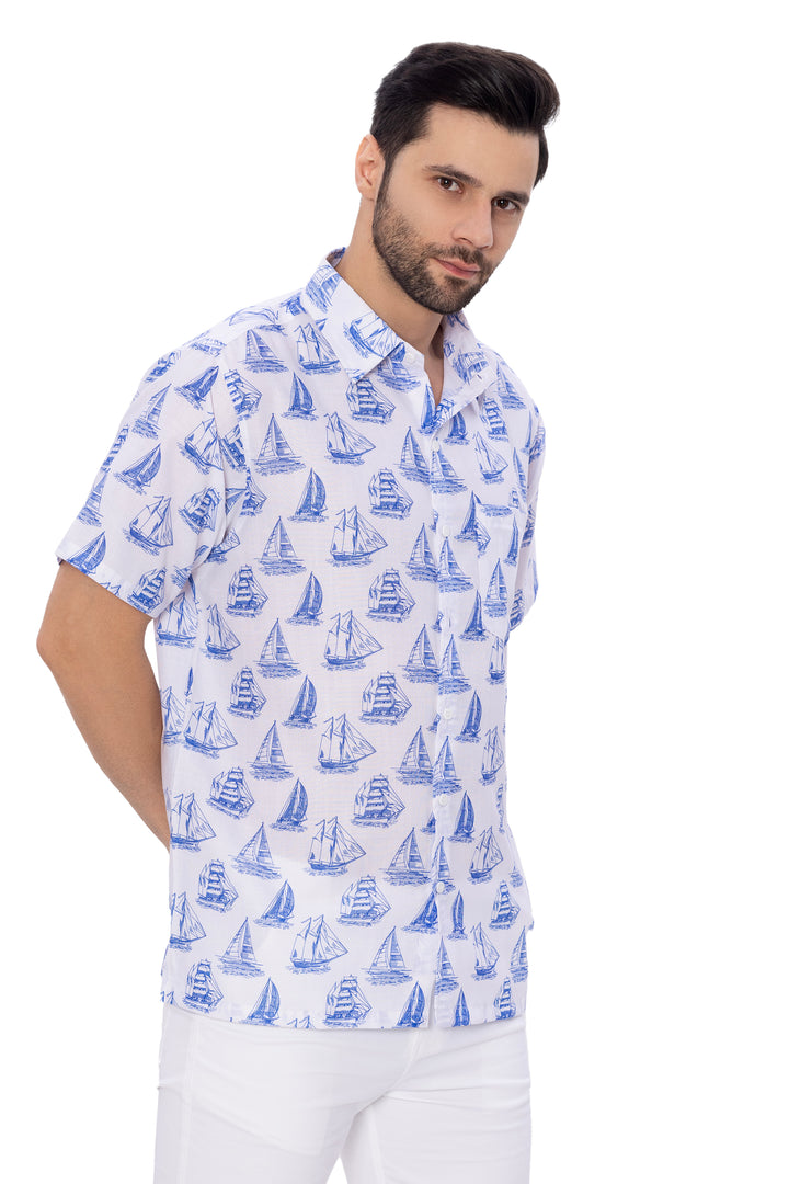 HAPPY BAY Mens Hawaiian Shirts White Boat P07606