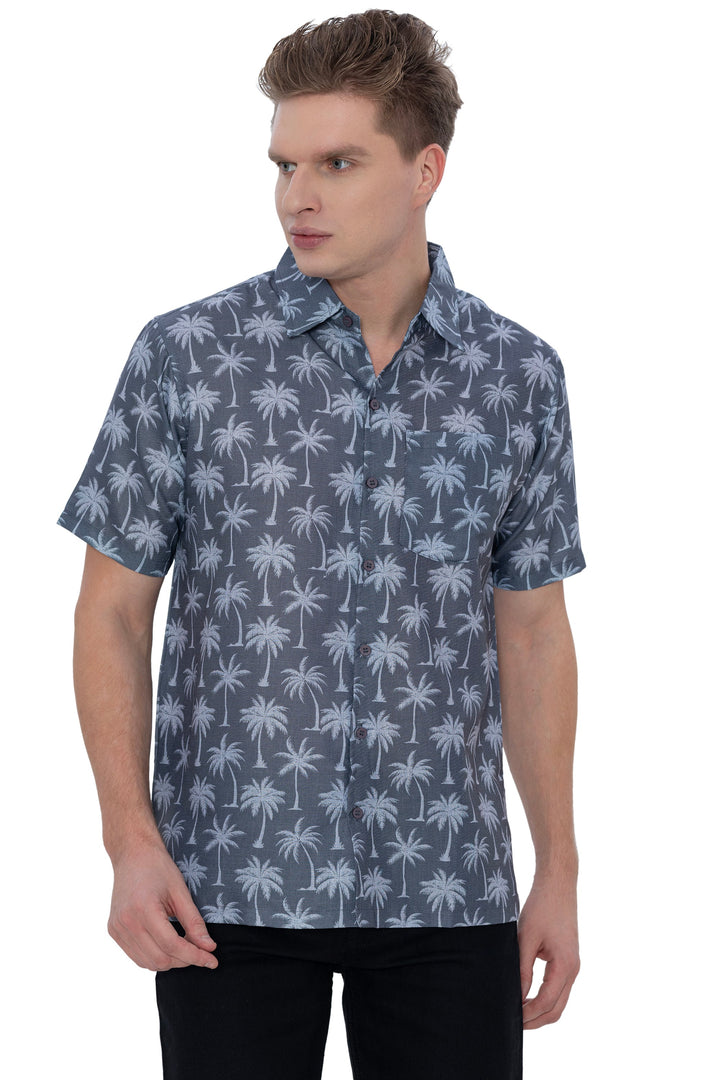 HAPPY BAY Mens Hawaiian Shirts Grey Allover Palm Tree P07608