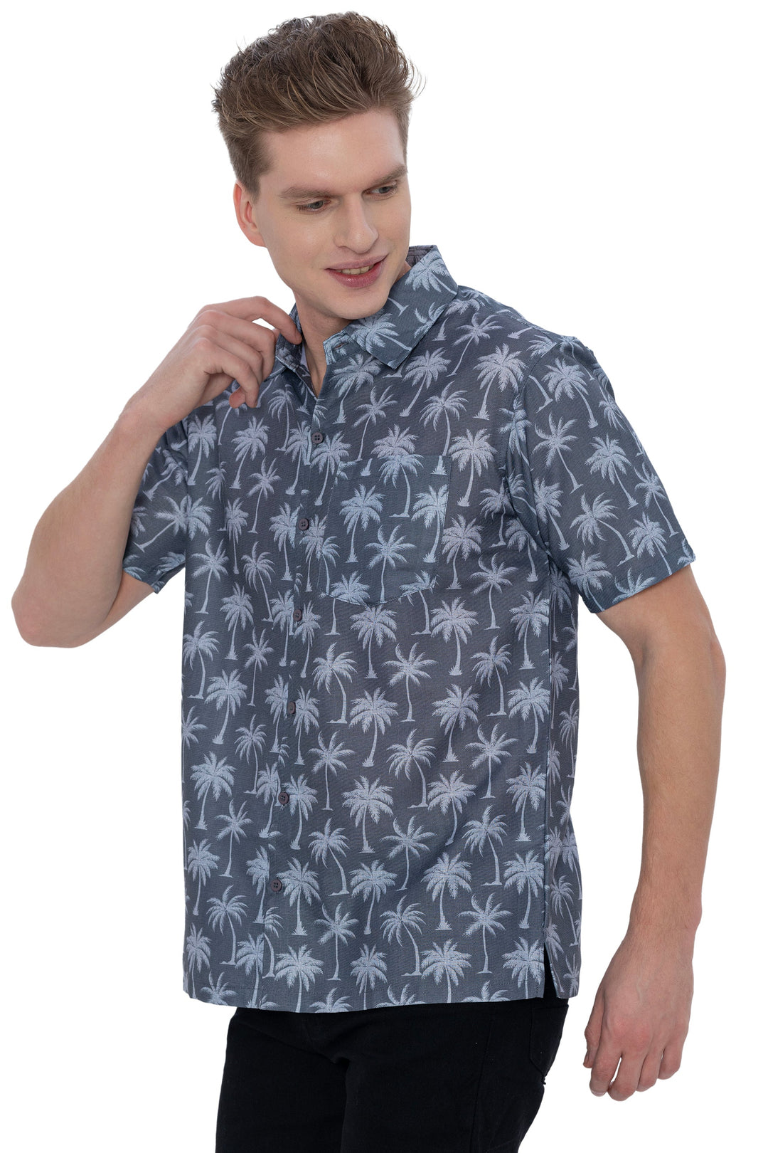 HAPPY BAY Mens Hawaiian Shirts Grey Allover Palm Tree P07608