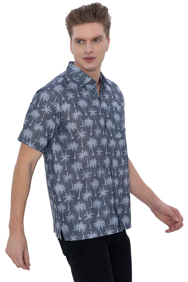 HAPPY BAY Mens Hawaiian Shirts Grey Allover Palm Tree P07608