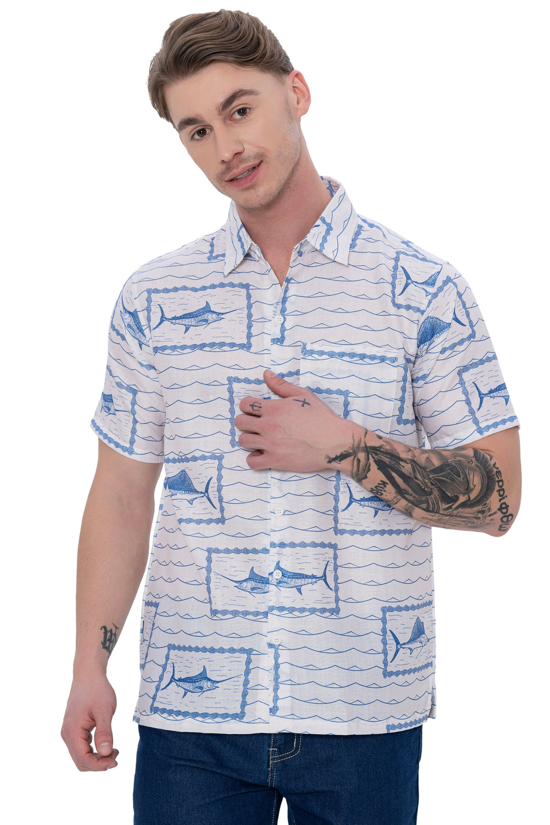 HAPPY BAY Mens Hawaiian Shirts White Fish P07610