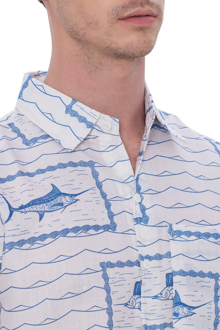 HAPPY BAY Mens Hawaiian Shirts White Fish P07610