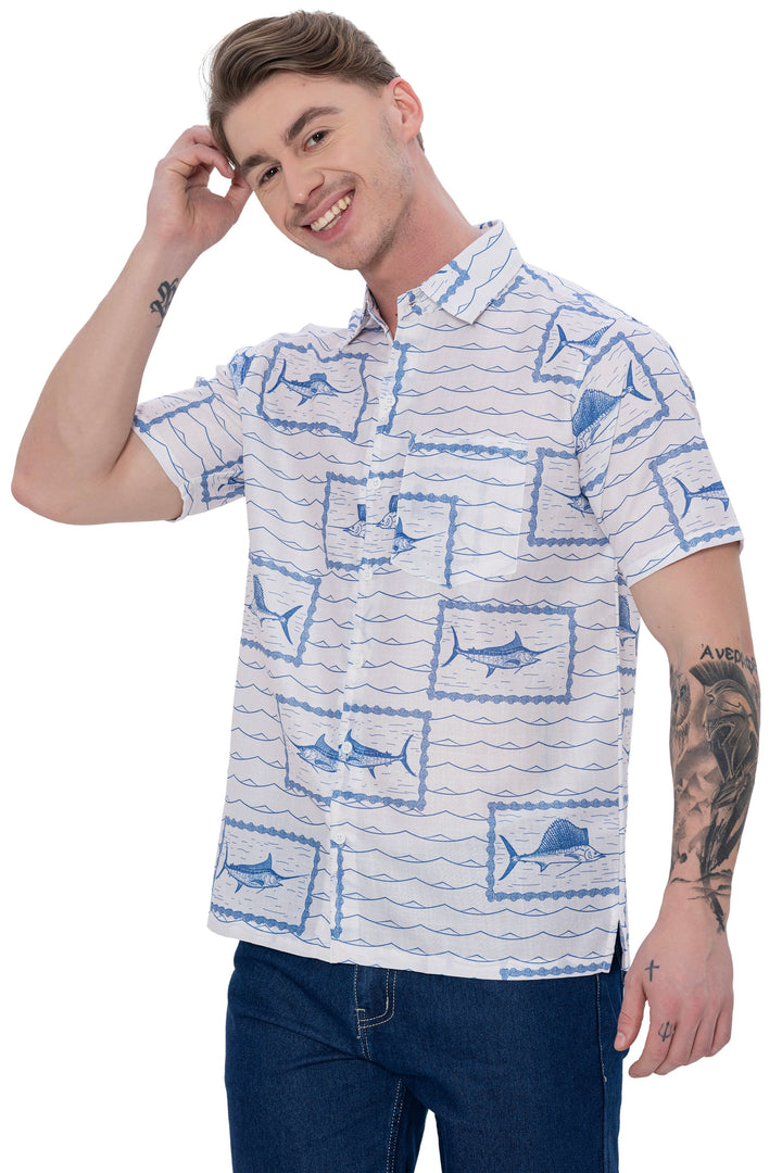 HAPPY BAY Mens Hawaiian Shirts White Fish P07610