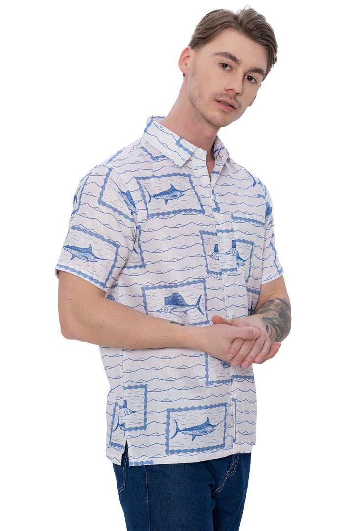 HAPPY BAY Mens Hawaiian Shirts White Fish P07610