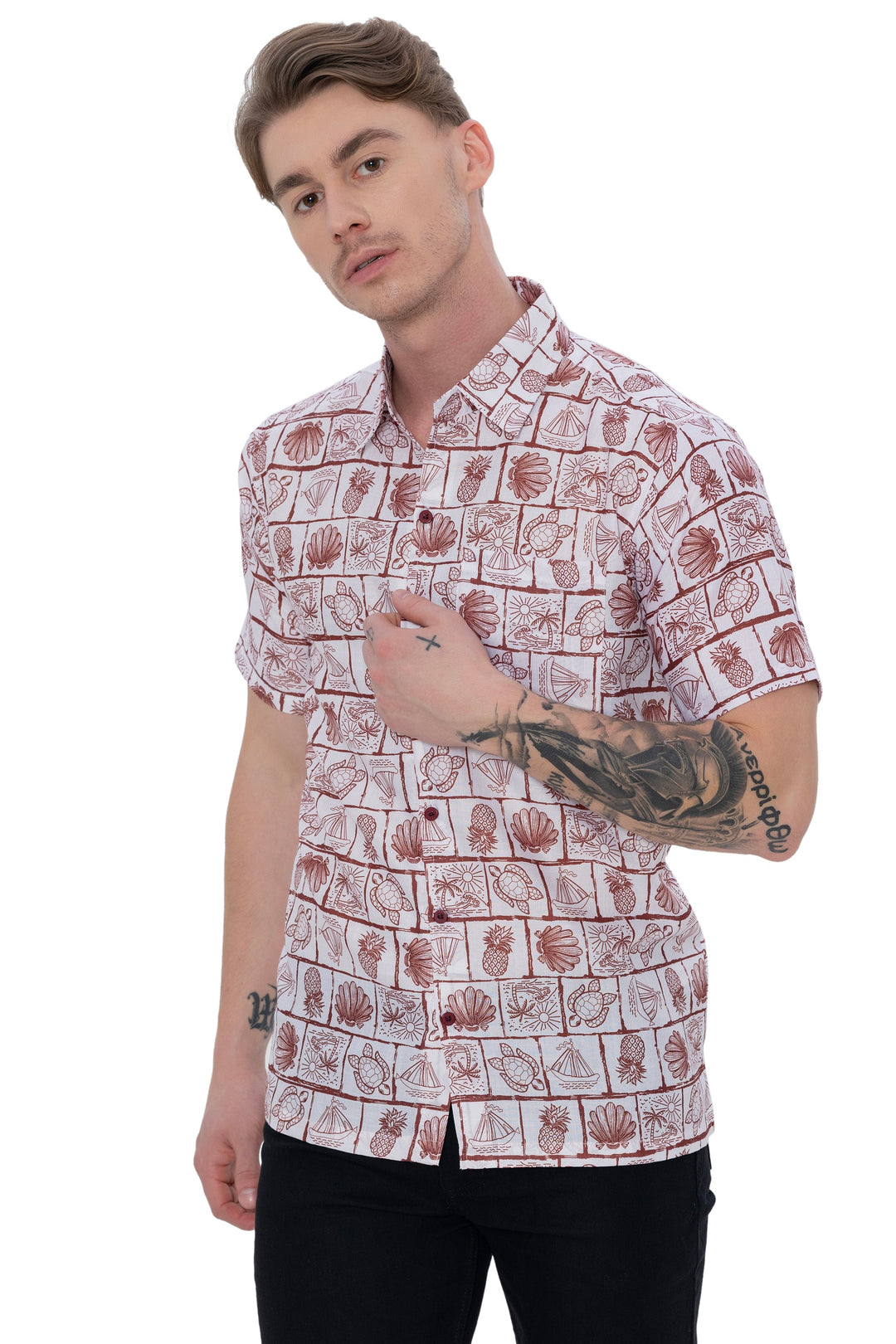 HAPPY BAY Mens Hawaiian Shirts Brown Turtle P07615