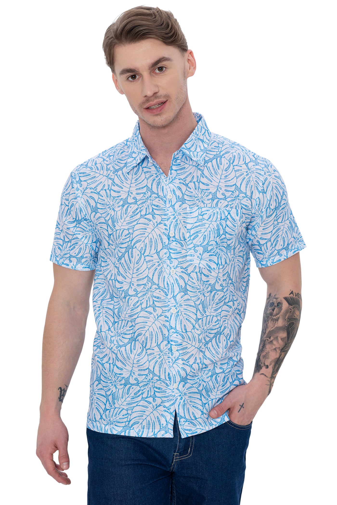 HAPPY BAY Mens Hawaiian Shirts Blue Allover Leaves P07616