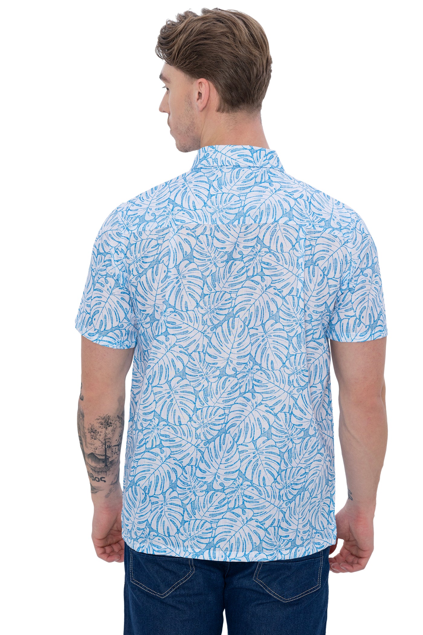 HAPPY BAY Mens Hawaiian Shirts Blue Allover Leaves P07616