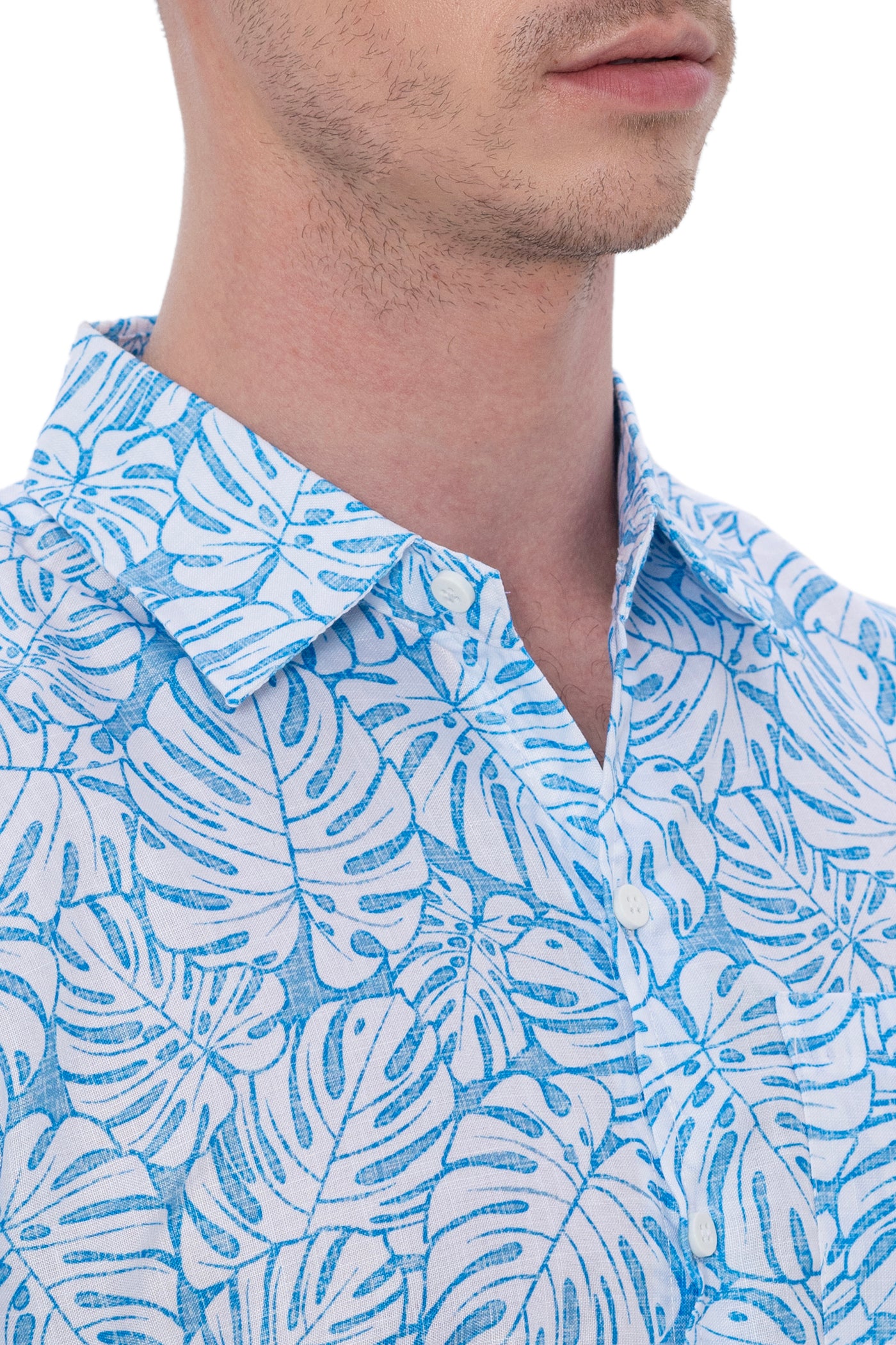 HAPPY BAY Mens Hawaiian Shirts Blue Allover Leaves P07616