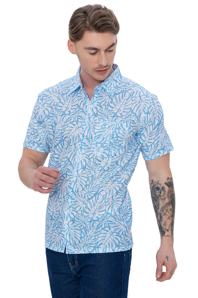 HAPPY BAY Mens Hawaiian Shirts Blue Allover Leaves P07616