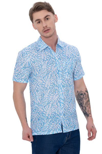 HAPPY BAY Mens Hawaiian Shirts Blue Allover Leaves P07616