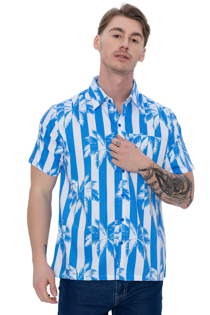 HAPPY BAY Mens Hawaiian Shirts Blue Palm Stripes P07617