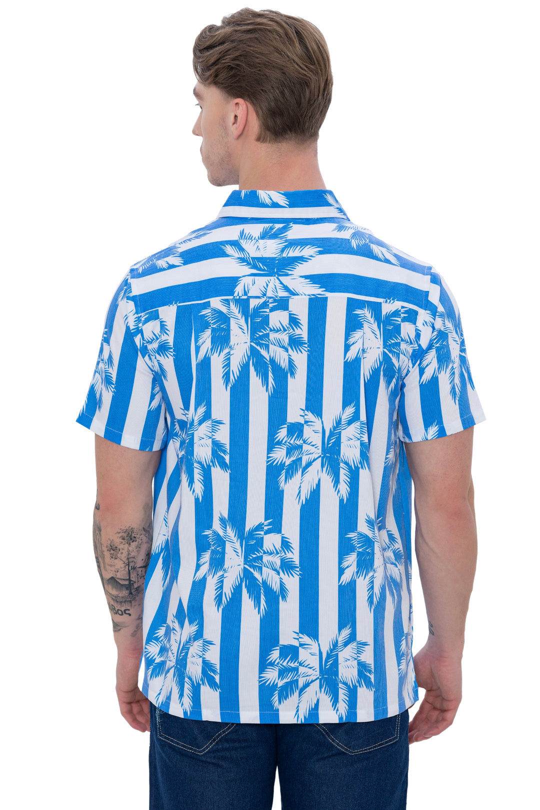 HAPPY BAY Mens Hawaiian Shirts Blue Palm Stripes P07617