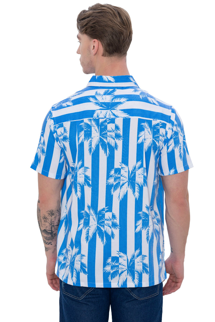 HAPPY BAY Mens Hawaiian Shirts Blue Palm Stripes P07617